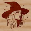 A witch's head silhouette with a crescent moon hat, evoking a sense of gothic magic.