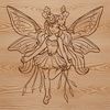 Mythical fairy illustration with delicate wings and flowing hair.