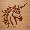 A fantasy creature with a horse's head and a single horn on its forehead.