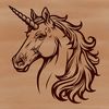 A mythical creature from fairy tale tradition, depicted as a horse-like head with a single horn protruding from its forehead.