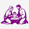 A traditional Christmas nativity scene featuring the Holy Family, stable, and animals in simple vector art.