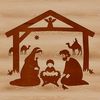 A traditional Nativity scene featuring the Virgin Mary, Saint Joseph, and the Baby Jesus in a stable.