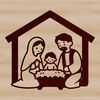 A silhouette-style illustration of the Holy Family and surrounding figures in a festive holiday setting.