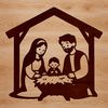 Illustrated scene of the Nativity featuring Mary, Joseph, and baby Jesus in a stable.