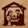 A traditional Nativity scene with the Holy Family, depicted in a simple yet iconic style.