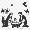 A classic depiction of the Nativity scene in a simple line art style.