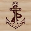 A metallic nautical anchor symbol with a rope wrapped around its base.