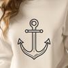Simple line drawing of a traditional nautical anchor.