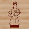 Simple line drawing of a female nurse with medical iconography.