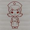 A female nurse standing with a caring expression, represented as a vector image.