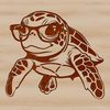 A sea turtle depicted wearing glasses, set against a simple background.