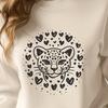 A wild big cat with hearts surrounding its head, depicted as a vector graphic.
