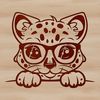 A close-up illustration of an ocelot's head with glasses, showcasing its wild animal features.