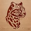 Ocelot Head Illustration with Detailed Features A detailed illustration of an ocelot's head from the side view, showcasing its distinctive features.