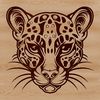 A close-up illustration of a wild ocelot's head with a distinctive coat pattern.