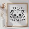 A vector illustration of a close-up head shot of an ocelot with love hearts surrounding its features.