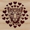 Close-up illustration of a wild ocelot's head with red love hearts surrounding its features.