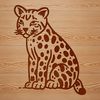 A close-up illustration of a big cat's face with distinctive markings, perched on a rock.
