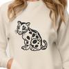 Large Feline Portrait in Vector Format A large wild cat with distinctive markings sits on a tree stump.