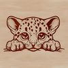 Whimsical Ocelot Portrait A vector illustration of an ocelot looking directly at the viewer from behind a leafy branch.