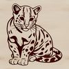 A close-up illustration of a wild ocelot sitting with its back to the viewer, showcasing its distinctive coat pattern.