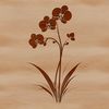A detailed illustration of a single white orchid bloom with three petals, surrounded by lush green leaves.