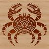 A detailed illustration of a crab's shell and claws in a stylized, ornate design.