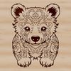 A stylized illustration of a bear sitting, featuring intricate details and ornaments.