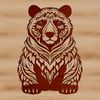 A stylized illustration of a bear sitting on its hind legs, featuring intricate details and ornaments.