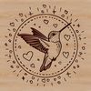 A stylized illustration of a hummingbird in flight, adorned with ornate love hearts.
