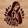 Beautiful Virgin Mary Illustration Ornate illustration of the Virgin Mary surrounded by floral patterns in a traditional religious style.