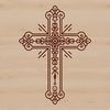 Ornate silver-colored cross with intricate details, suitable for various designs and crafts.