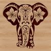 A single elephant standing upright with intricate ornate floral patterns on its body.