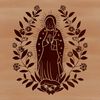 Ornate illustration of the Virgin Mary surrounded by floral patterns and intricate details.