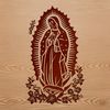 Illustration of the Virgin Mary surrounded by ornate floral patterns in a traditional religious style.