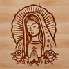 Image of the Virgin Mary in ornate floral attire, depicted in a traditional religious style.