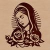 A traditional representation of the Virgin Mary surrounded by intricate floral patterns in a ornate style.