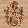 Ornate Floral Pattern Artwork A regal and ornate illustration of the Virgin Mary surrounded by intricate floral patterns.
