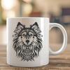 A detailed illustration of a Shetland Sheepdog's head with ornate features.