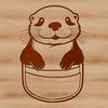 A playful otter peeking out from behind a rock in a forest setting.