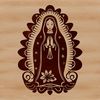 A traditional illustration of the Virgin Mary in ornate attire.