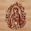 Image of the Virgin Mary with ornate floral patterns, a classic religious icon.