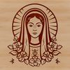 A detailed illustration of the Virgin Mary with ornate floral patterns.
