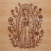 A traditional depiction of the Virgin Mary surrounded by ornate floral patterns.