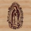 A traditional illustration of the Virgin Mary with ornate details and floral motifs.