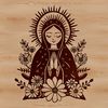 Traditional Virgin Mary Portrait in Floral Patterns A classic portrait of the Virgin Mary surrounded by ornate floral patterns in a traditional religious style.
