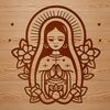 Floral Robe Iconic Mother Figure A detailed, ornate illustration of the Virgin Mary in a floral patterned robe and crown.
