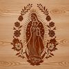 Symbolic Virgin Mary Illustration Vector art depiction of Our Lady of Guadalupe surrounded by symbolic flowers and ornate borders.