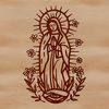 A detailed illustration of the Virgin Mary in a traditional ornate style with floral patterns and symbolism.