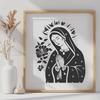 Sacred Mother Figure in Opulent Garb with Floral Accents A detailed illustration of the Virgin Mary in ornate attire surrounded by floral motifs.